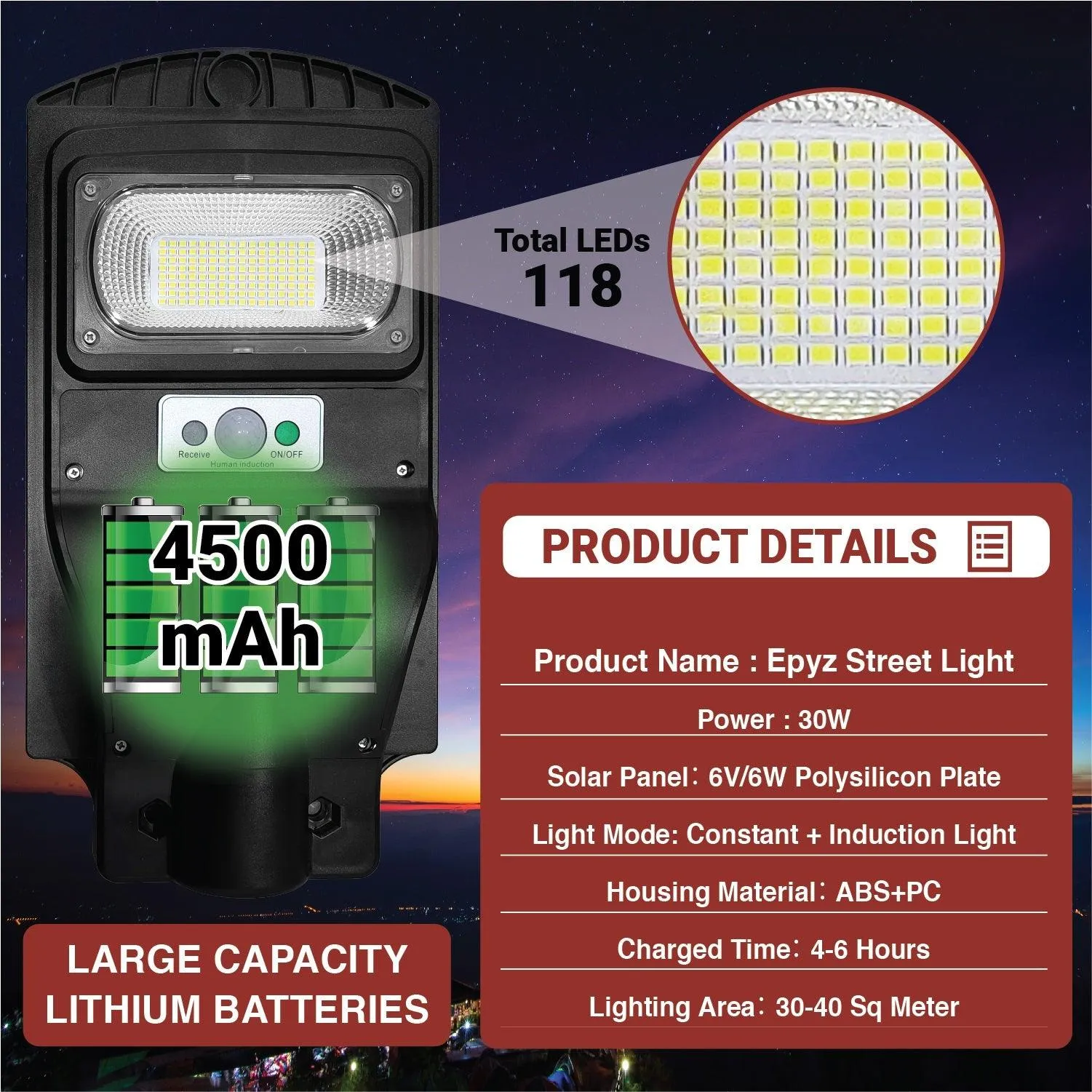 30 Watt Solar Street Light for Outdoor (White Light)