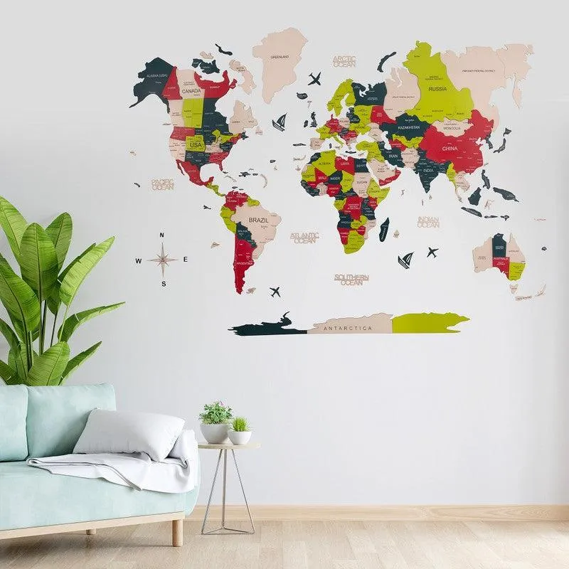 3D Colored Wooden World Map Prime