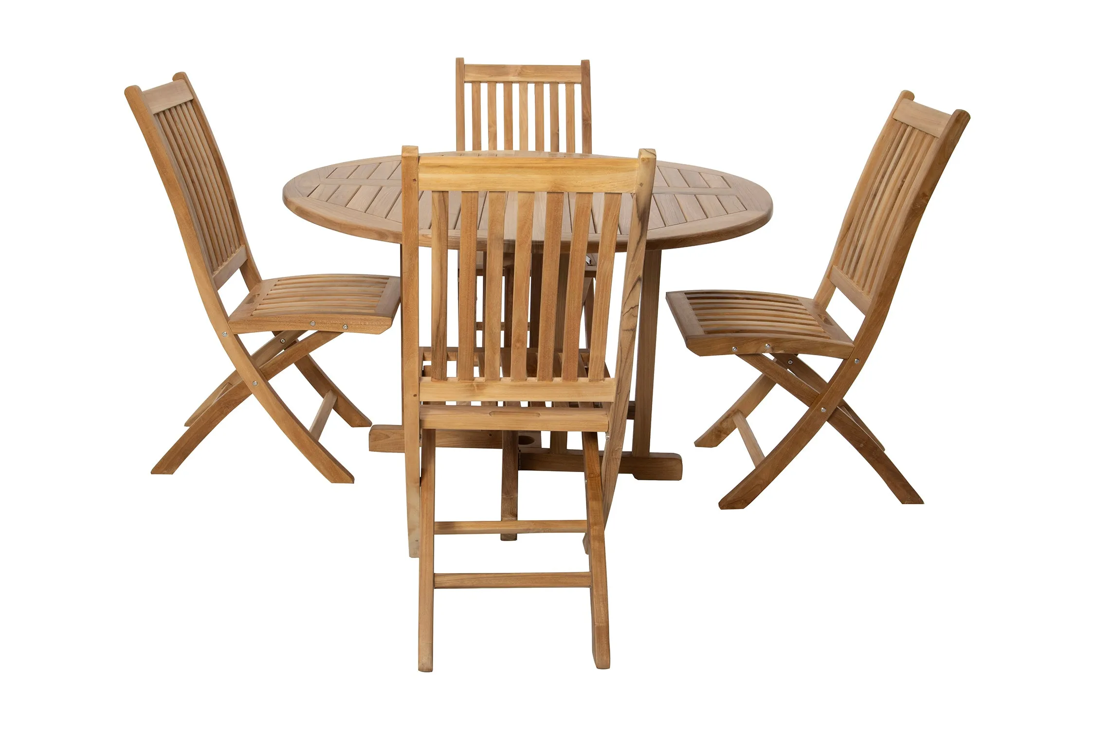 5 pc Lakeland Teak Folding Armless Chair Dining Set with 48" Round Drop Leaf Table