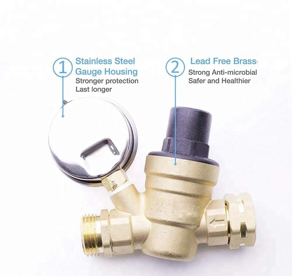 Adjustable Water Pressure Regulator with Gauge and Filter, Brass Lead-Free 3/4" NH Thread for Camper, RV Trailer