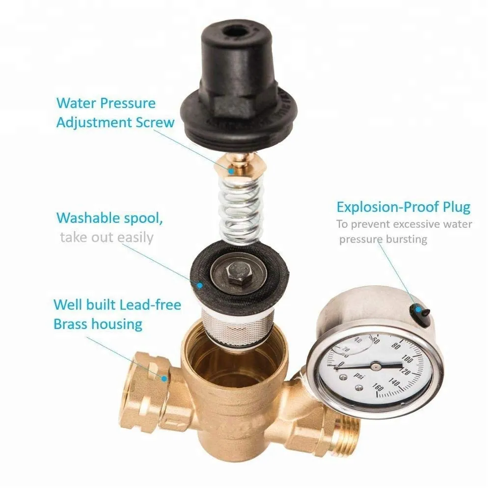 Adjustable Water Pressure Regulator with Gauge and Filter, Brass Lead-Free 3/4" NH Thread for Camper, RV Trailer
