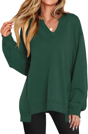 ANRABESS Women's Oversized Sweatshirts Long Sleeve Tunic Shirts V Neck Loose Pullover Tops 2025 Trendy Fall Teen Girls Outfit