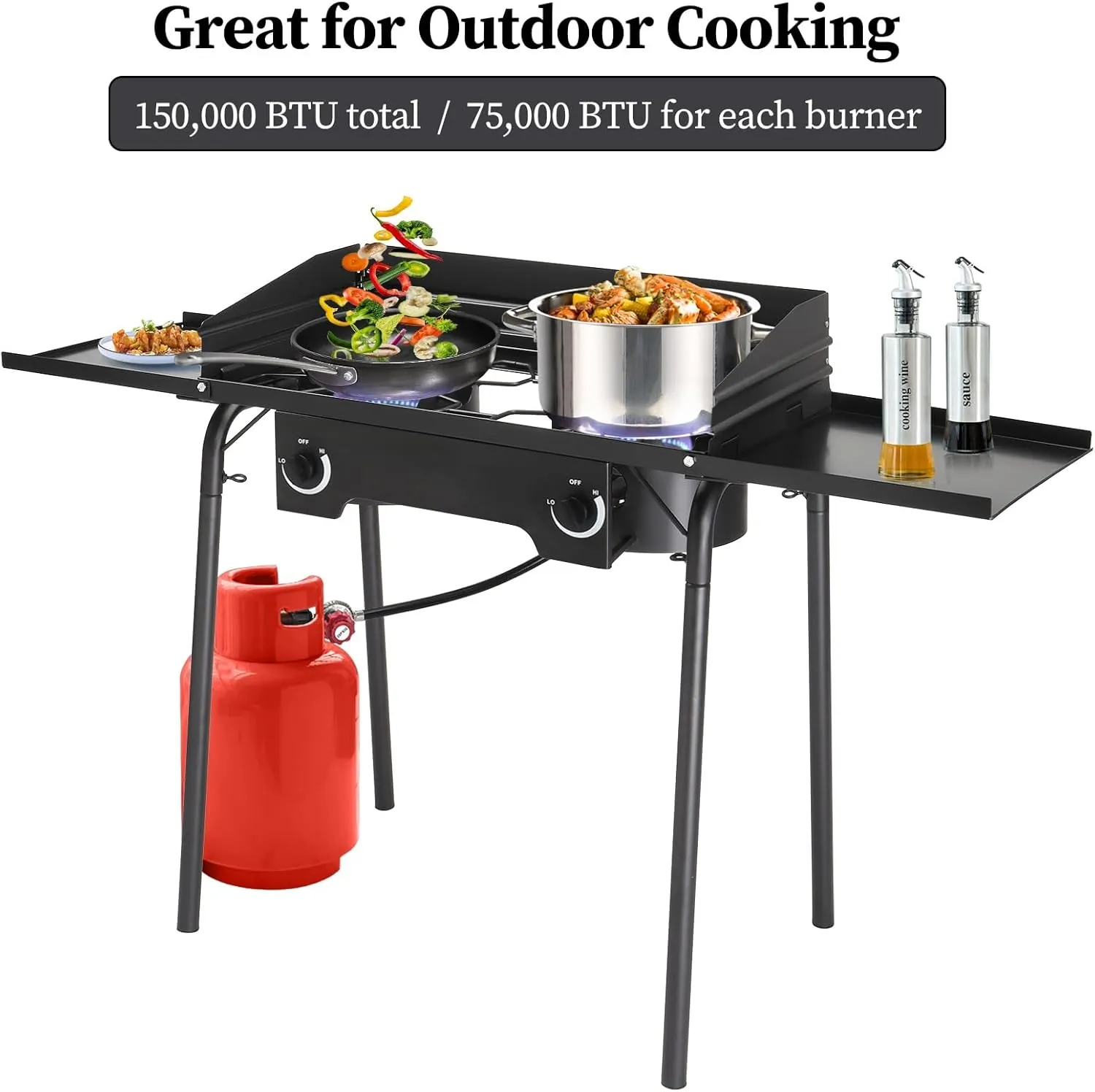 Bonnlo 2 Burners Propane Gas Stove, 150,000 BTU Portable Outdoor Camp Cooker Stove with Regulator, Side Shelves, Foldable Windpanel, Adjustable Height & Carrying Bag for Backyard, Camping, Tailgating