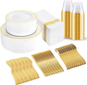 bUCLA 350PCS Gold Plastic Dinnerware Set - Gold Disposable Dinnerware for 50 Guests, Includes 50 Dinner Plates, 50 Dessert Plates, 50 Forks, 50 Knives, 50 Spoons, 50 Cups & 50 Napkins for Party