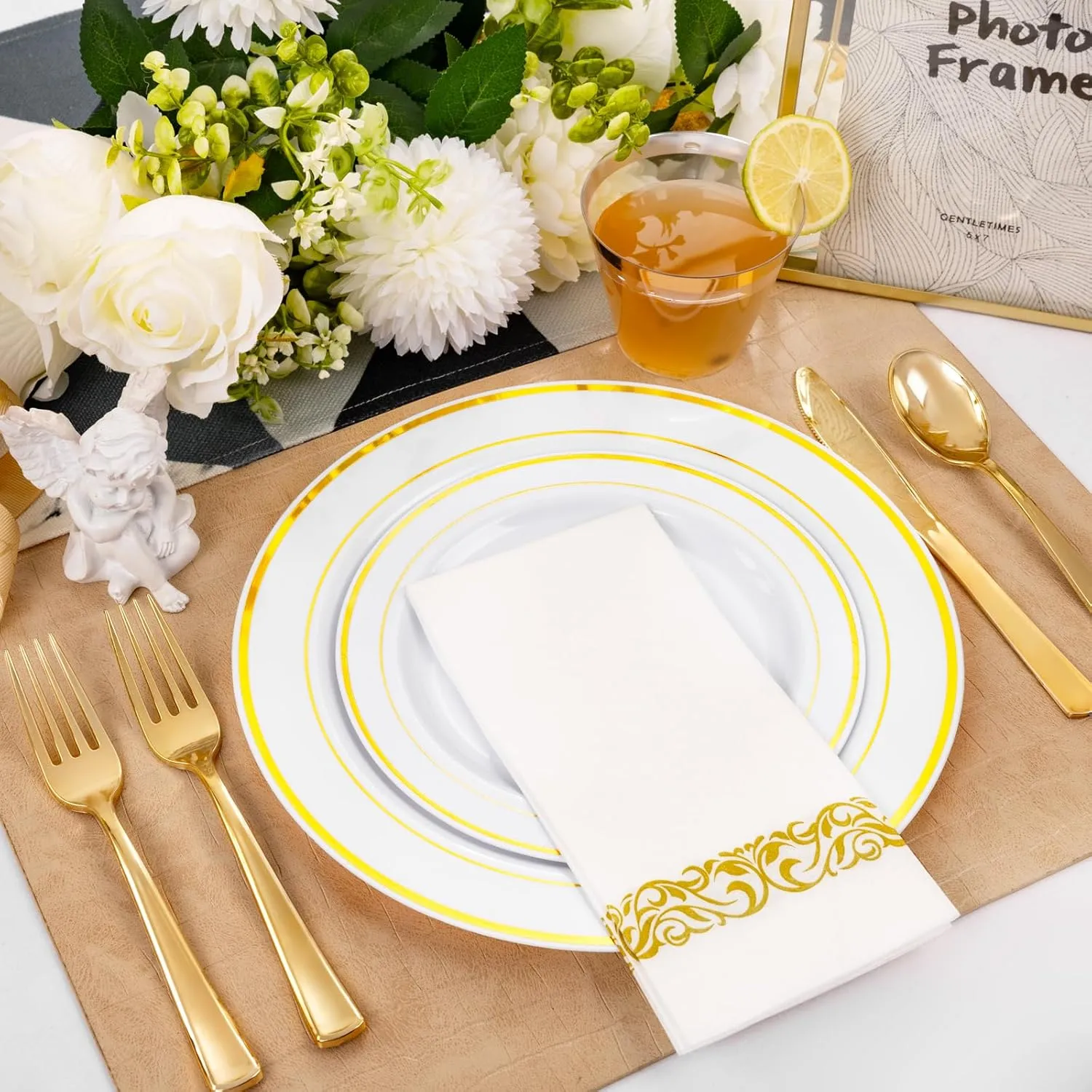 bUCLA 350PCS Gold Plastic Dinnerware Set - Gold Disposable Dinnerware for 50 Guests, Includes 50 Dinner Plates, 50 Dessert Plates, 50 Forks, 50 Knives, 50 Spoons, 50 Cups & 50 Napkins for Party