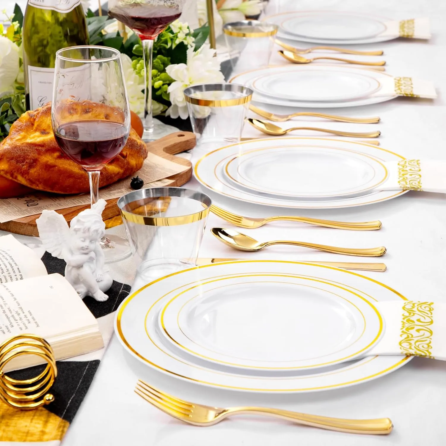 bUCLA 350PCS Gold Plastic Dinnerware Set - Gold Disposable Dinnerware for 50 Guests, Includes 50 Dinner Plates, 50 Dessert Plates, 50 Forks, 50 Knives, 50 Spoons, 50 Cups & 50 Napkins for Party