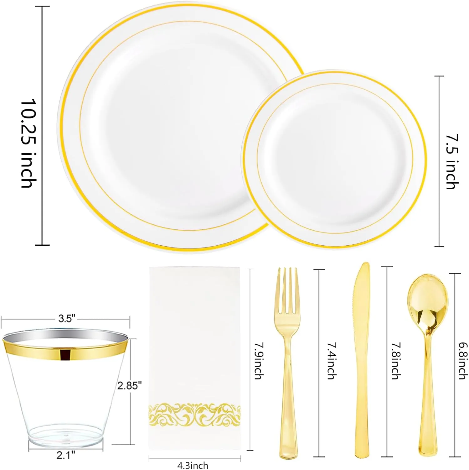 bUCLA 350PCS Gold Plastic Dinnerware Set - Gold Disposable Dinnerware for 50 Guests, Includes 50 Dinner Plates, 50 Dessert Plates, 50 Forks, 50 Knives, 50 Spoons, 50 Cups & 50 Napkins for Party