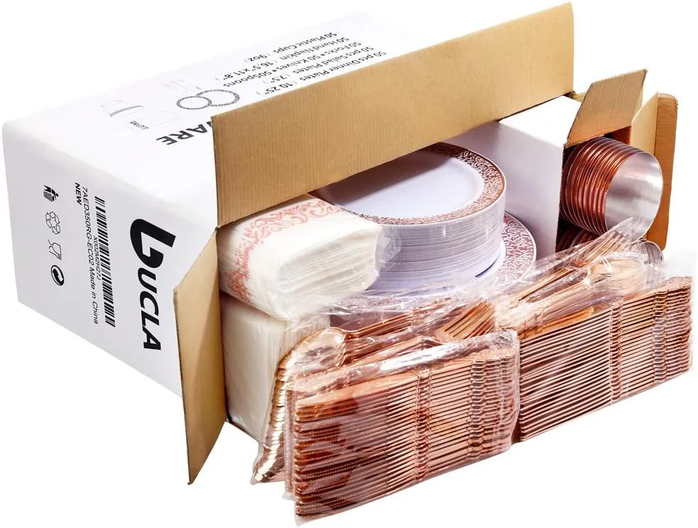 bUCLA 350PCS Rose Gold Plastic Plates With Disposable Silverware & Napkins - Rose Gold Rim Plastic Dinnerware Set Lace Design for Wedding, Party & Mothers Day