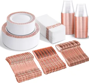 bUCLA 350PCS Rose Gold Plastic Plates With Disposable Silverware & Napkins - Rose Gold Rim Plastic Dinnerware Set Lace Design for Wedding, Party & Mothers Day