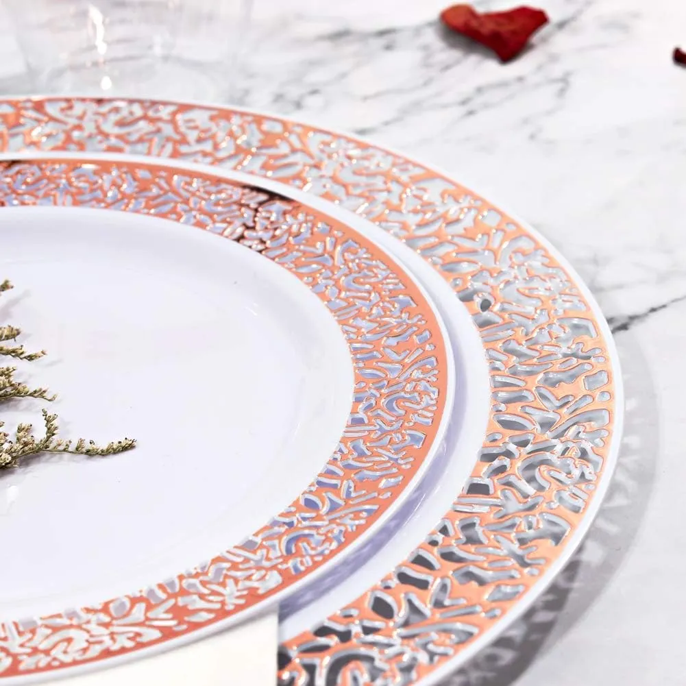 bUCLA 350PCS Rose Gold Plastic Plates With Disposable Silverware & Napkins - Rose Gold Rim Plastic Dinnerware Set Lace Design for Wedding, Party & Mothers Day