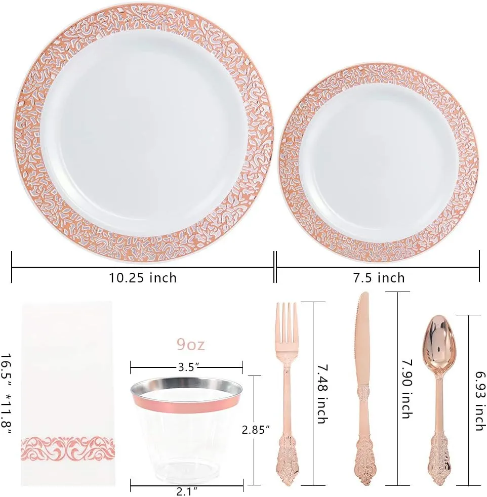 bUCLA 350PCS Rose Gold Plastic Plates With Disposable Silverware & Napkins - Rose Gold Rim Plastic Dinnerware Set Lace Design for Wedding, Party & Mothers Day