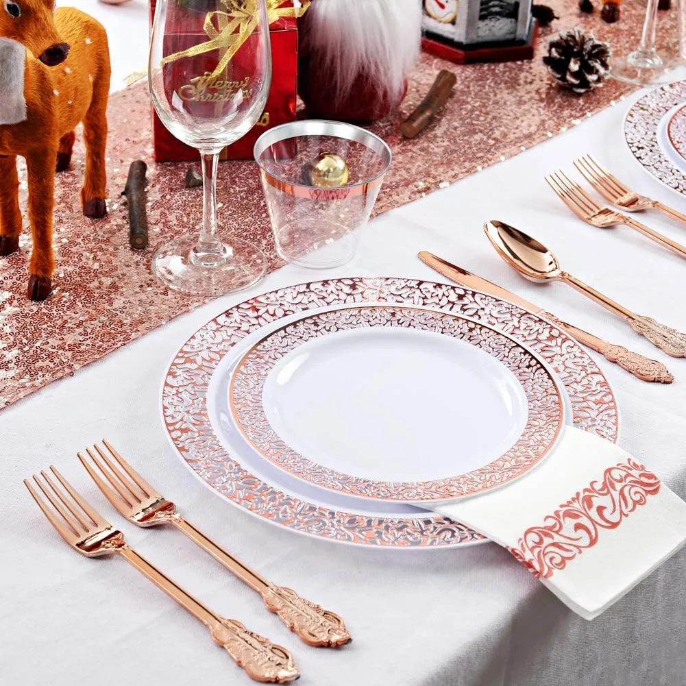 bUCLA 350PCS Rose Gold Plastic Plates With Disposable Silverware & Napkins - Rose Gold Rim Plastic Dinnerware Set Lace Design for Wedding, Party & Mothers Day