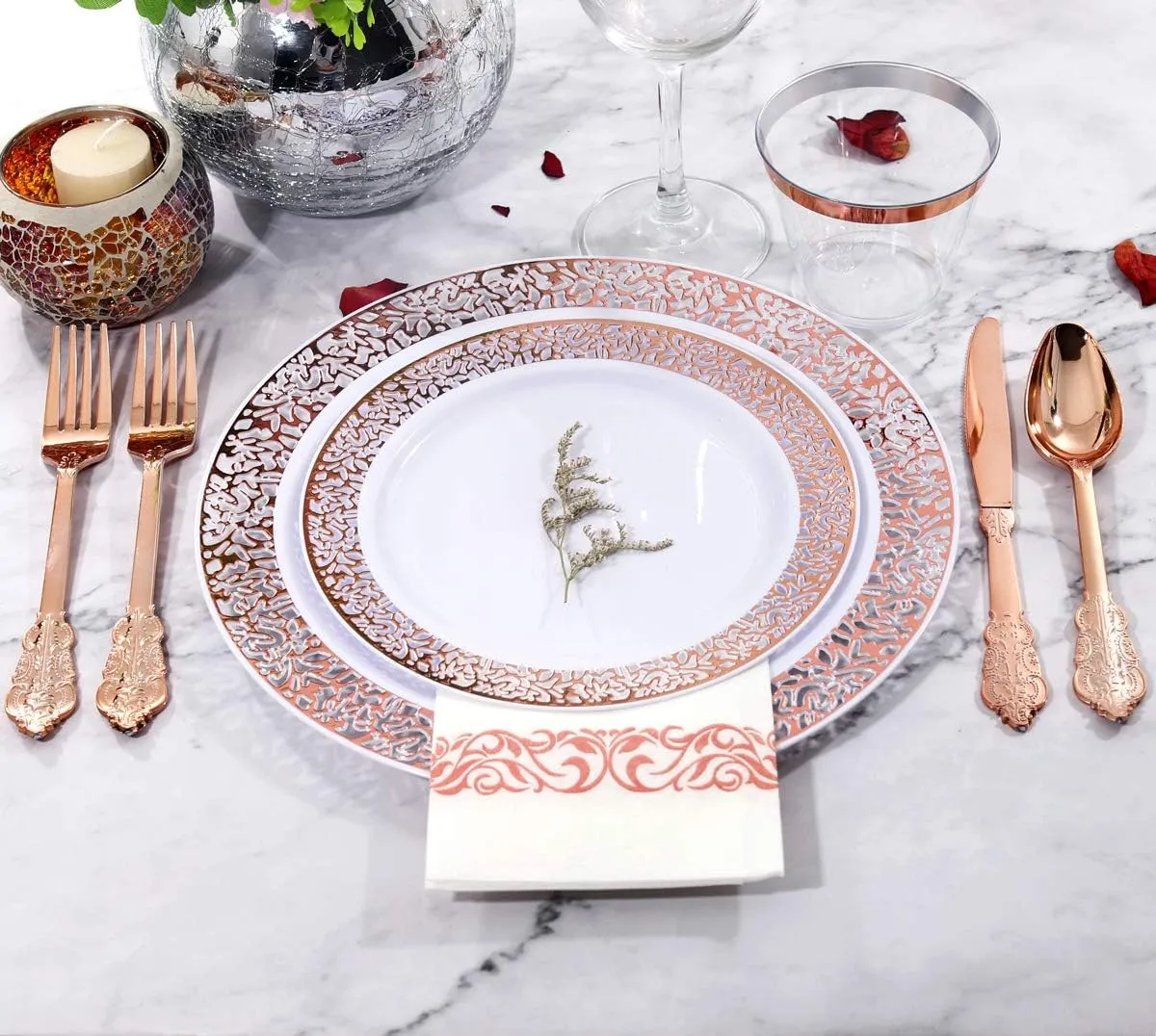 bUCLA 350PCS Rose Gold Plastic Plates With Disposable Silverware & Napkins - Rose Gold Rim Plastic Dinnerware Set Lace Design for Wedding, Party & Mothers Day