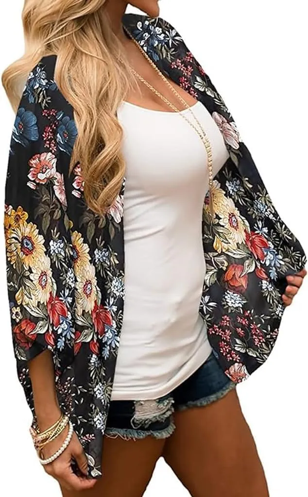 Camisunny Women Chiffon Printed Cardigan Kimono Robe Tops Beach Bikini Cover up Blouse