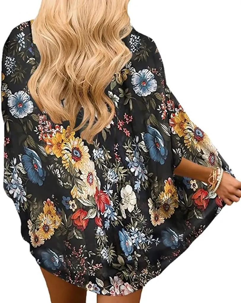 Camisunny Women Chiffon Printed Cardigan Kimono Robe Tops Beach Bikini Cover up Blouse