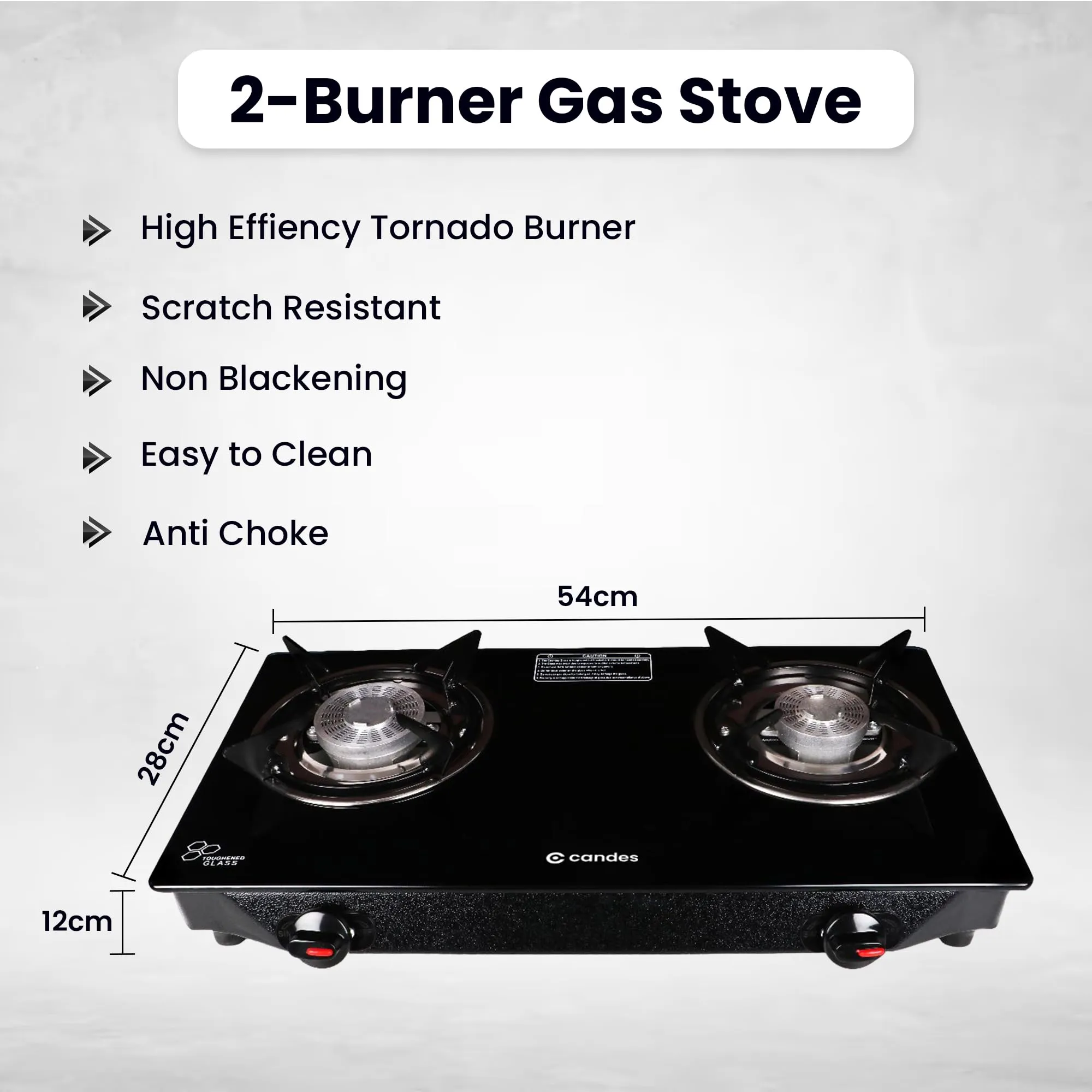 Candes Gas Stove 2 Burners with Premium Gas Saver Tornado Burners | Manual Ignition 2 Burner Gas Stove | 6mm Toughened Glass Gas Chulha | LPG Gas Stove | ISI Certified | 1 Yr Warranty