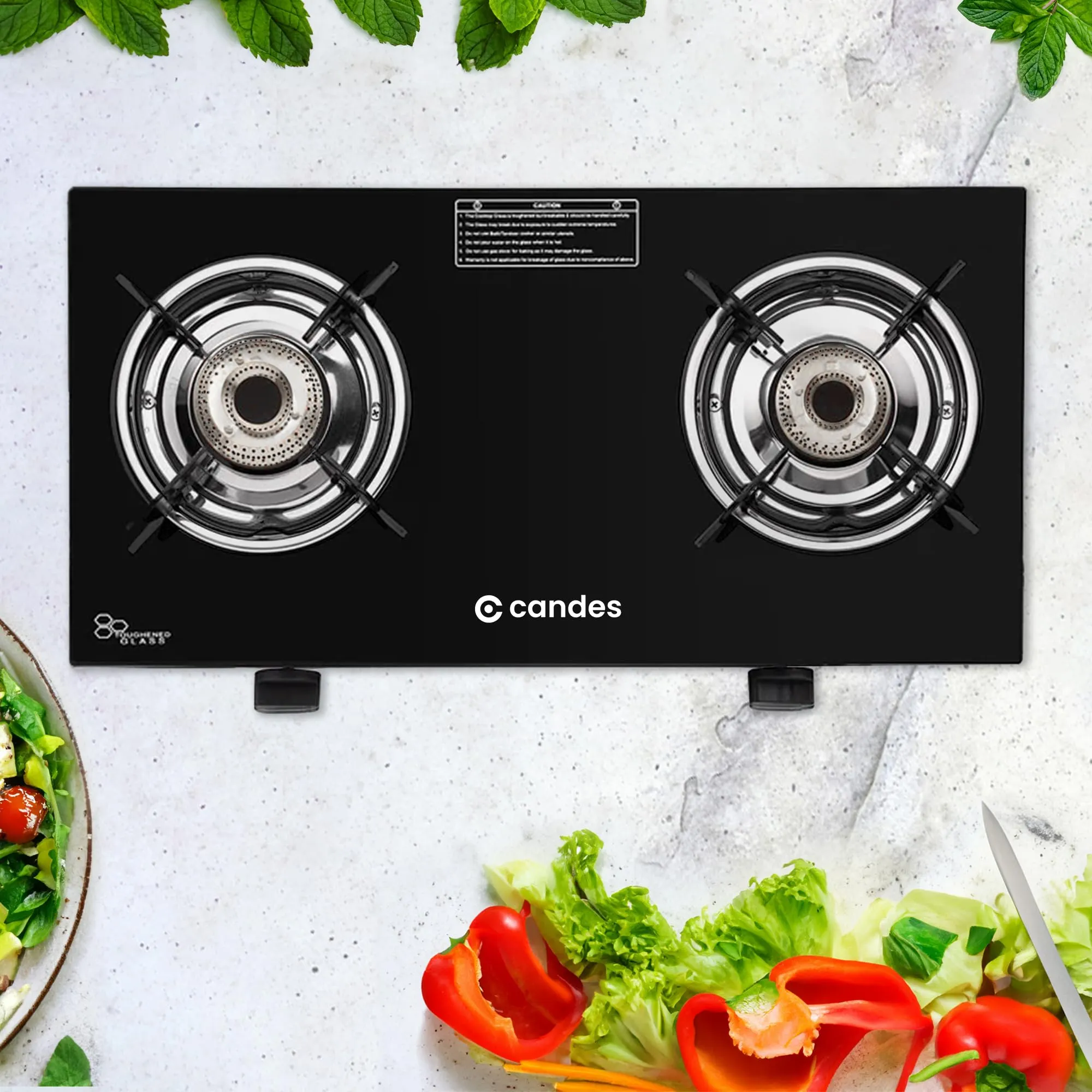 Candes Gas Stove 2 Burners with Premium Gas Saver Tornado Burners | Manual Ignition 2 Burner Gas Stove | 6mm Toughened Glass Gas Chulha | LPG Gas Stove | ISI Certified | 1 Yr Warranty