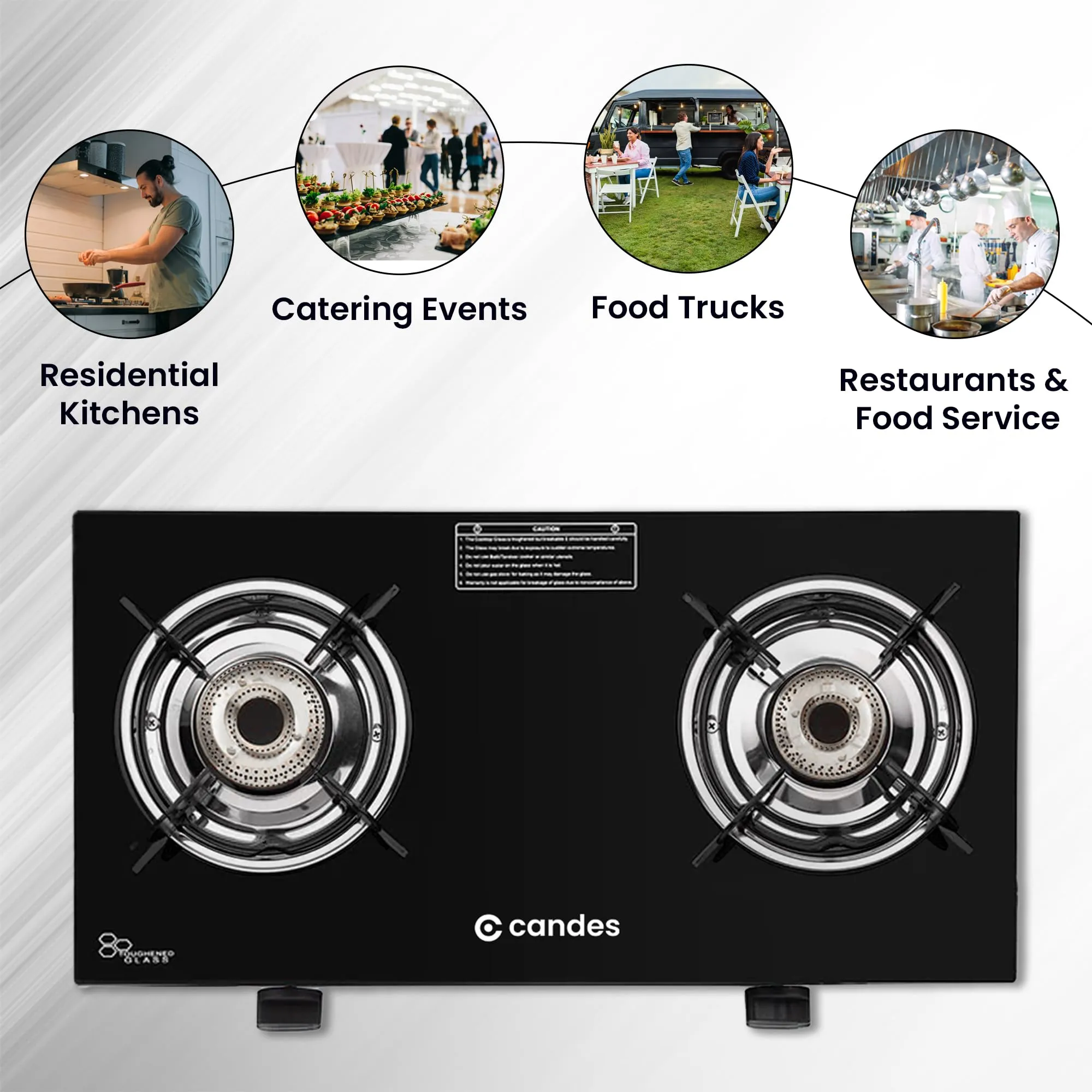 Candes Gas Stove 2 Burners with Premium Gas Saver Tornado Burners | Manual Ignition 2 Burner Gas Stove | 6mm Toughened Glass Gas Chulha | LPG Gas Stove | ISI Certified | 1 Yr Warranty