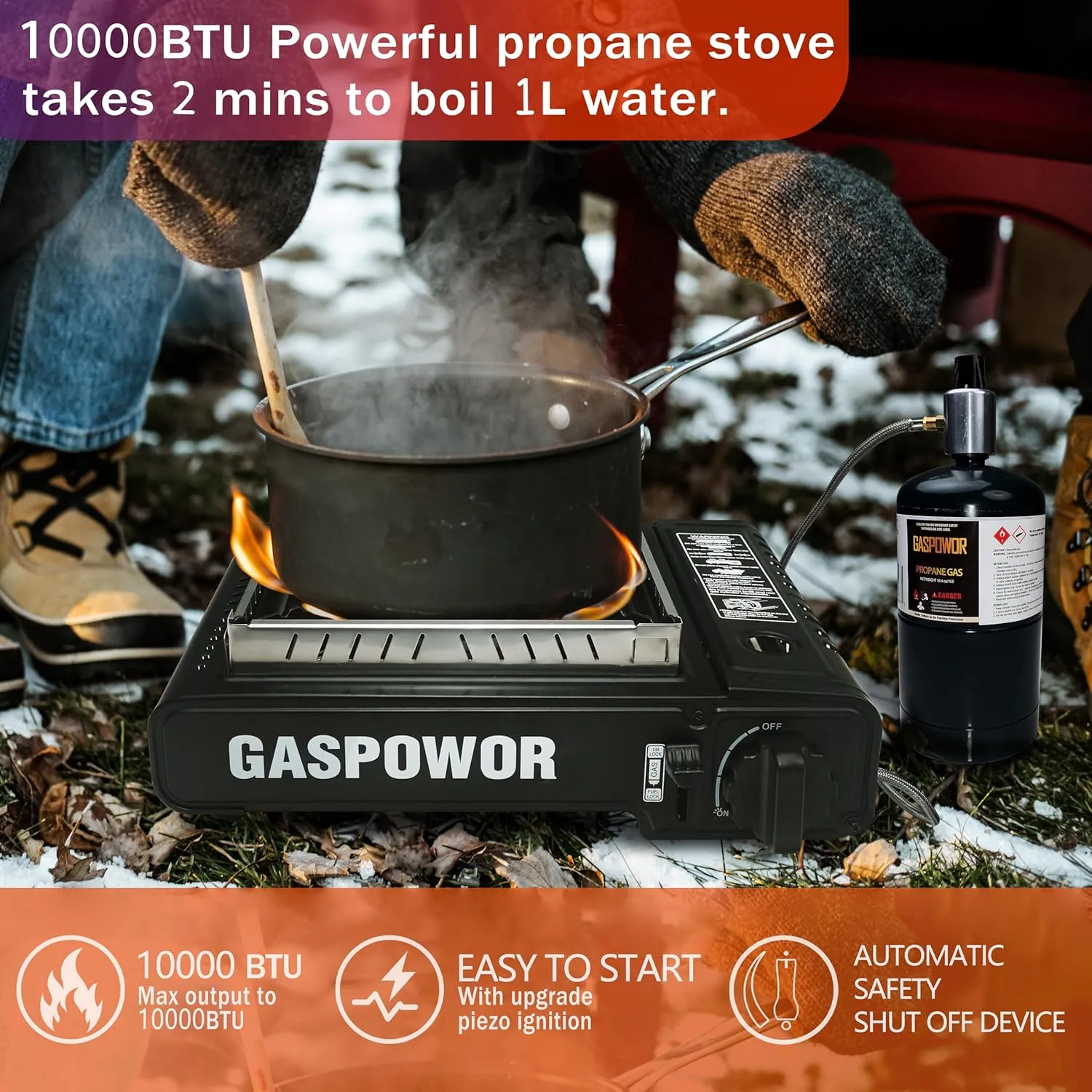 Dual Fuel Camp Stove with Windblocker, Propane or Butane Stove10000 BTU With Propane Adapter Hose and Carrying Case Propane Stove for Camping,Gas Portable Stove for Huting, HikingFuel not included