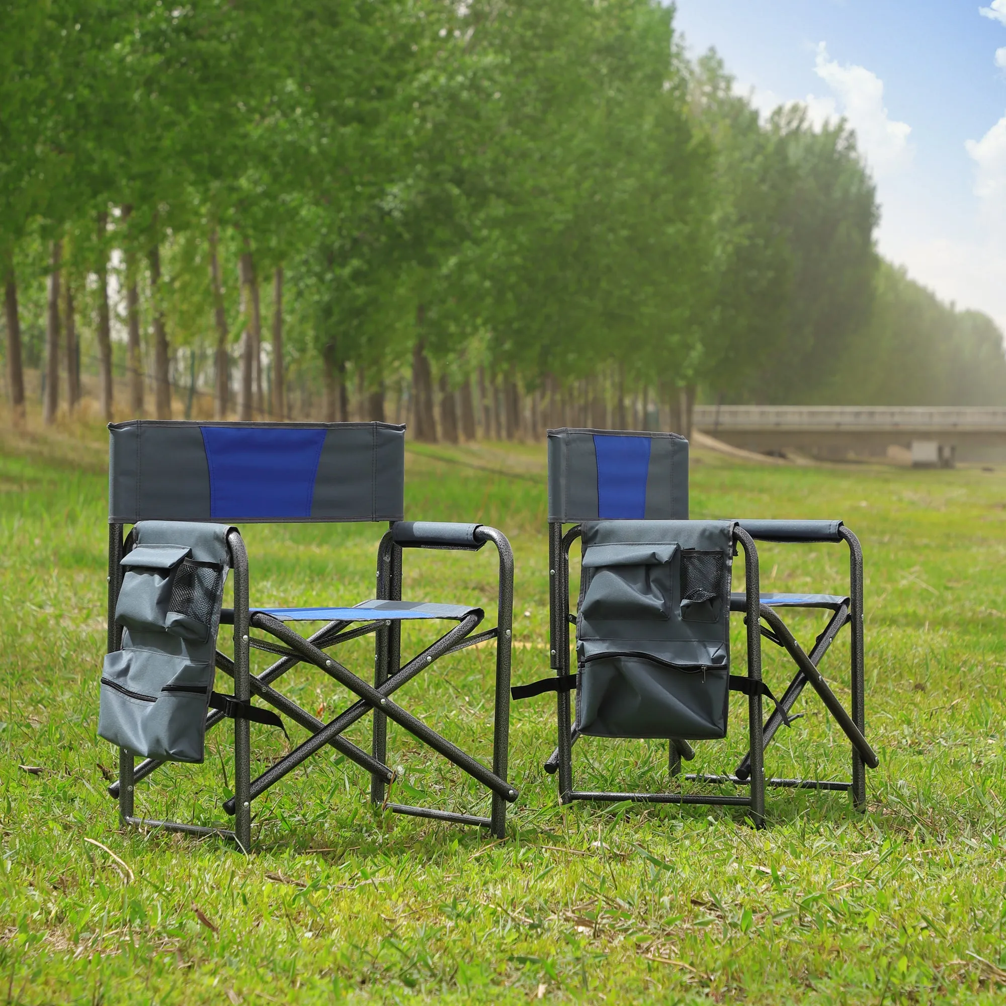 Elecwish 2-piece Padded Folding Outdoor Chair with Storage Pockets,Lightweight Oversized Directors Chair Blue/Grey