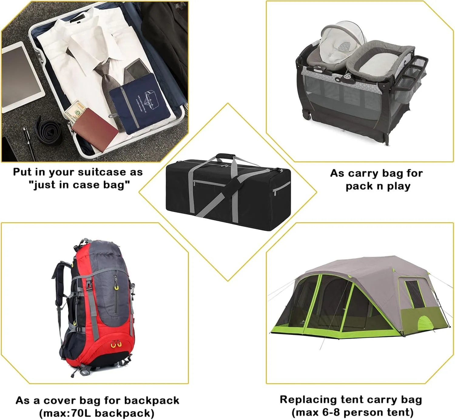 Foldable Duffel Bag 30 inch 75L Large Lightweight Luggage for Travel Camping Storage-Black