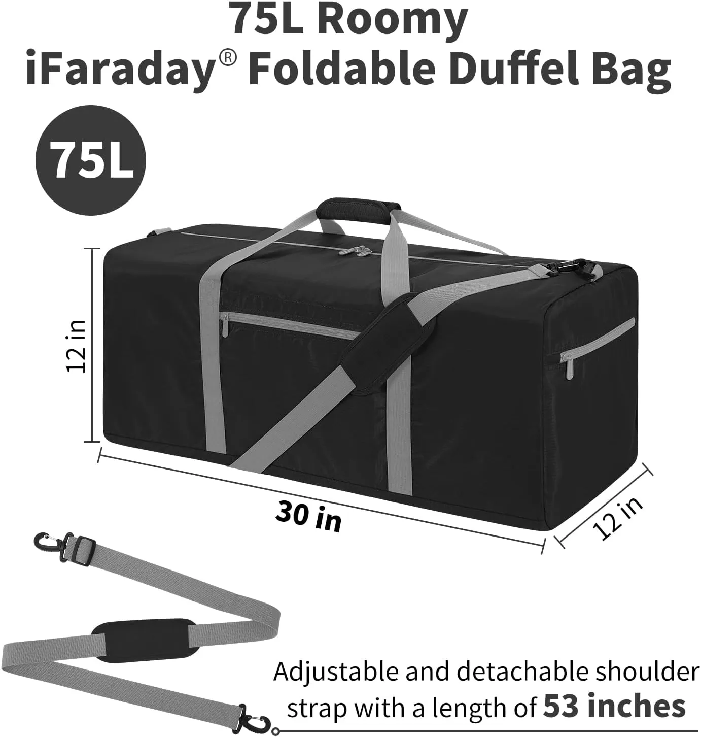 Foldable Duffel Bag 30 inch 75L Large Lightweight Luggage for Travel Camping Storage-Black