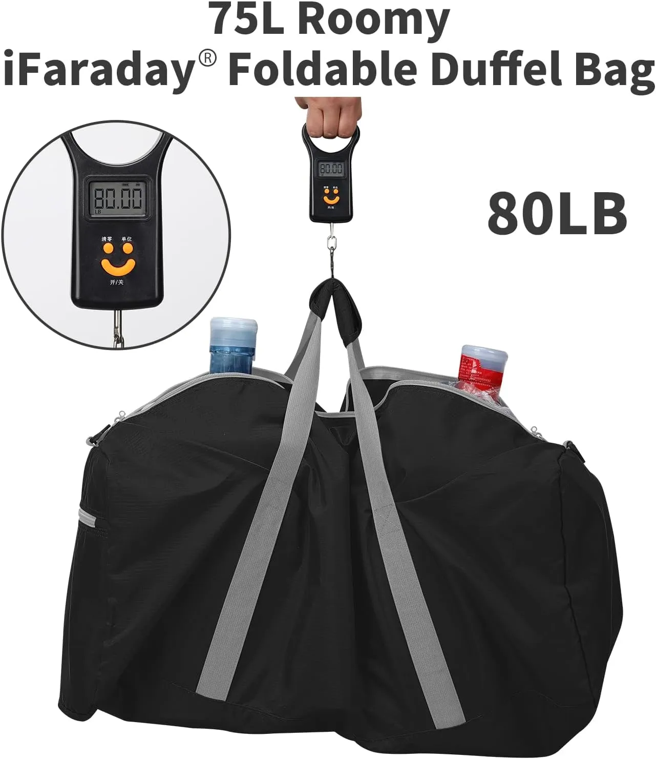 Foldable Duffel Bag 30 inch 75L Large Lightweight Luggage for Travel Camping Storage-Black
