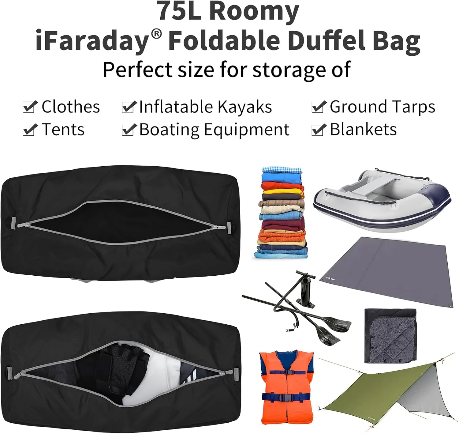 Foldable Duffel Bag 30 inch 75L Large Lightweight Luggage for Travel Camping Storage-Black