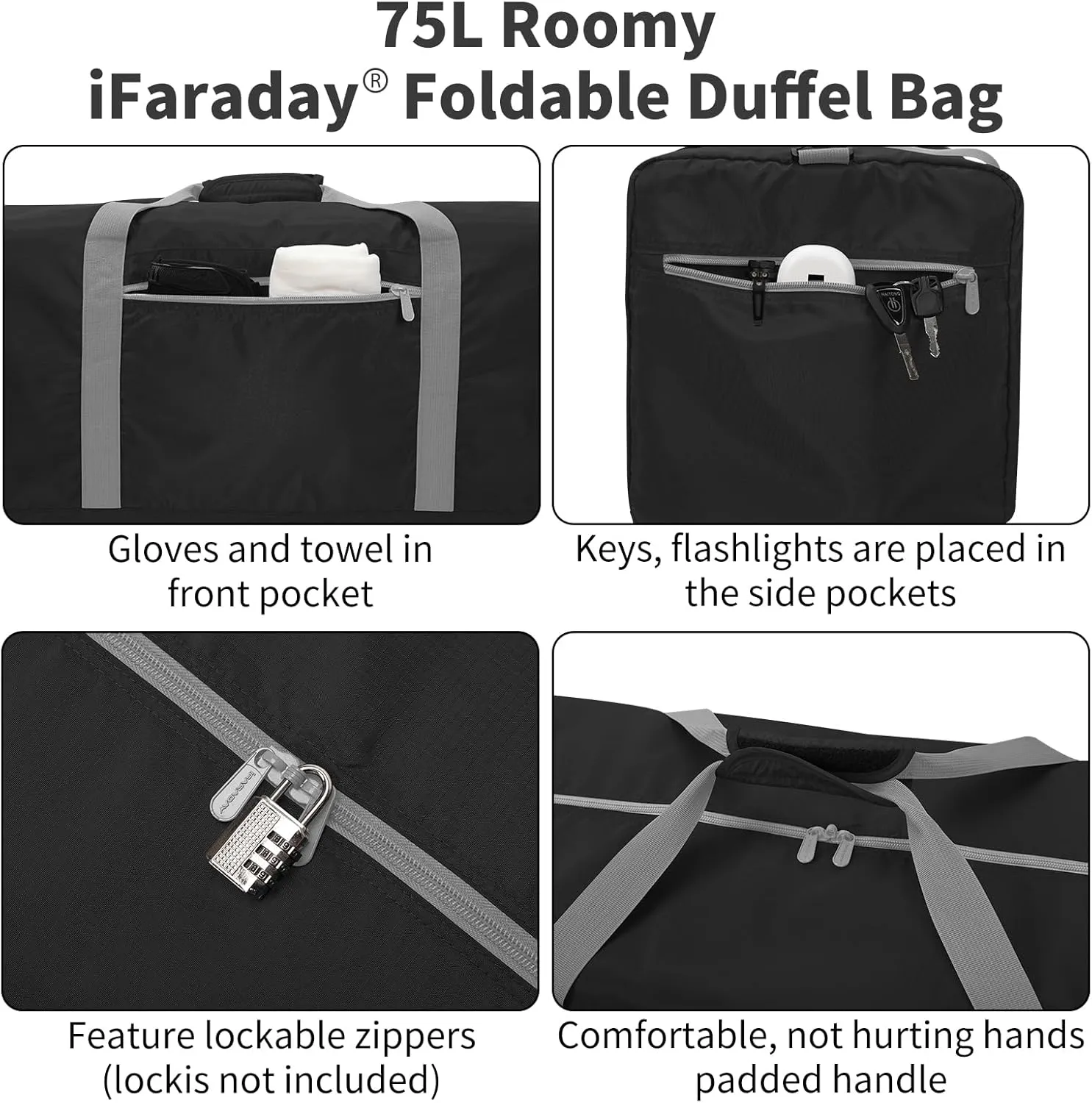 Foldable Duffel Bag 30 inch 75L Large Lightweight Luggage for Travel Camping Storage-Black