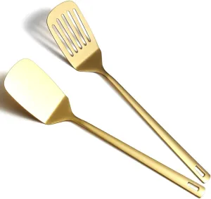 Gold Spatulas Set of 2, Kyraton Stainless Steel Spatula, Metal Spatulas, Kitchen Solid Slotted Turner, Titanium Gold Plating Cooking Utensils Set, Dishwasher Safe