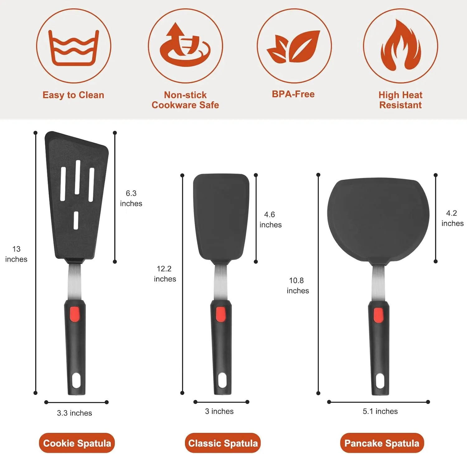 Hotec Silicone Spatula Turner for Nonstick Cookware, Cooking Spatulas 600F Heat Resistant Large Flexible Rubber Spatula Set of 3, Kitchen Utensils for Flipping Eggs, Burgers, Pancakes, Crepes