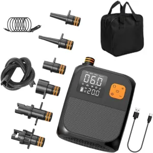HXBER Portable Paddle Board Pump 25PSI High Pressure Electric Air Compressor Pump Power Bank with 6 Nozzles and LED Light for Inflatable Boat Surfboard Stand-up Paddle Board Air Mattress Swimming Ring