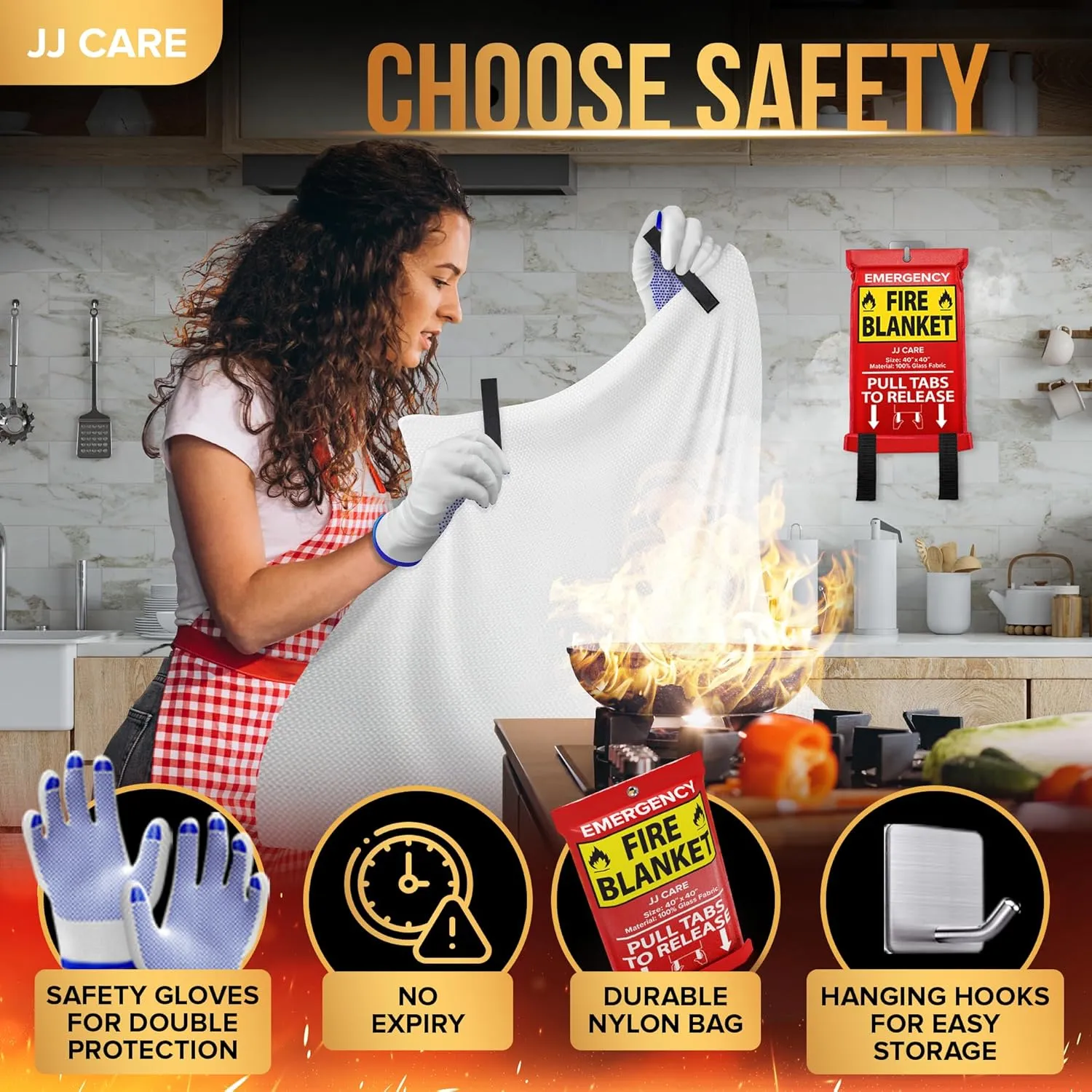 JJ CARE Fire Blanket  5 Packs with Hooks and Gloves  Emergency Fire Blanket for Home & Kitchen, High Heat Resistant Fire Suppression Blankets for Home Safety, Kitchen, and Camping