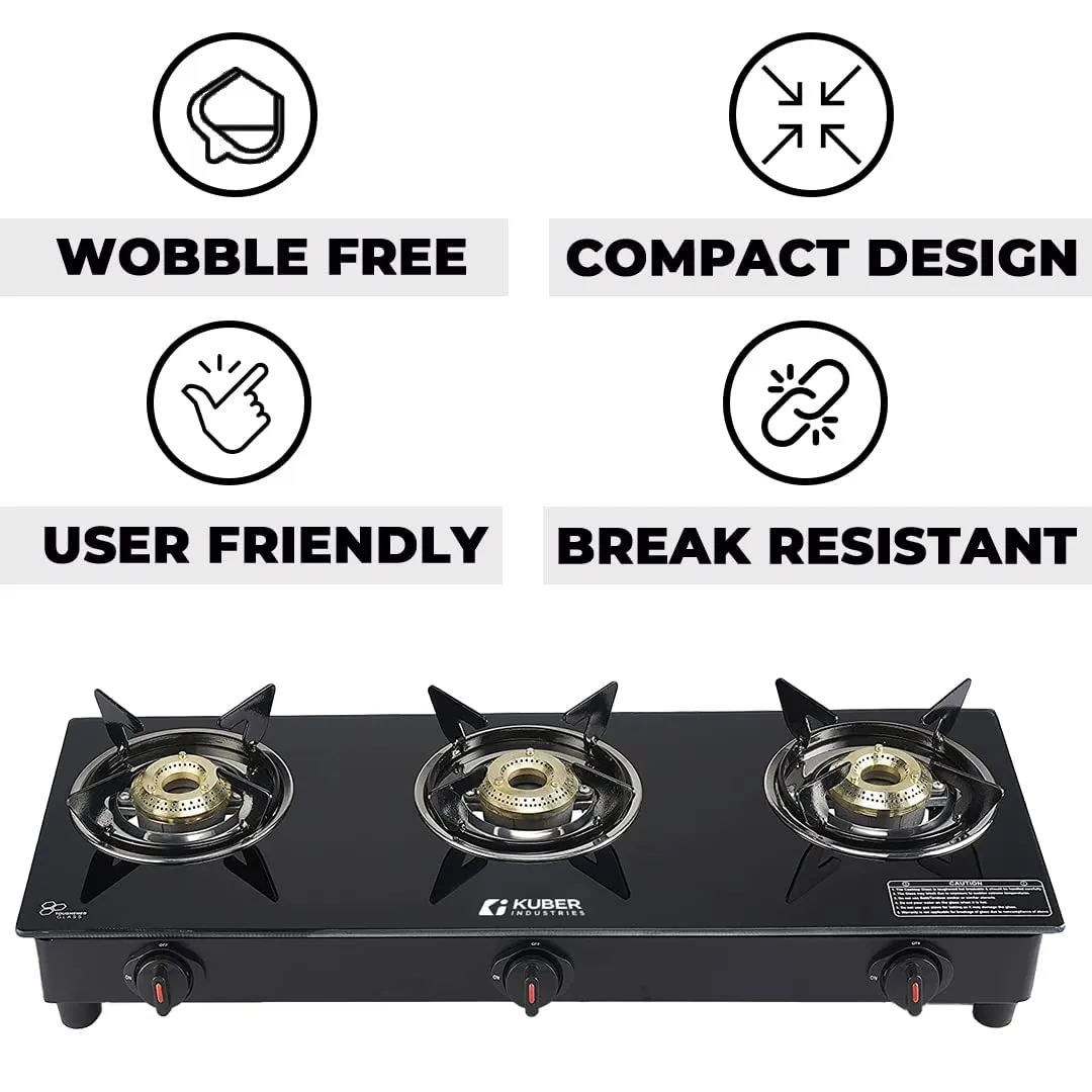 Kuber Industries Gas Stove 3 Burner|Easy to Clean & Wobble Free Pan Support Stand|Break Resistant|Compact & User-Friendly Design