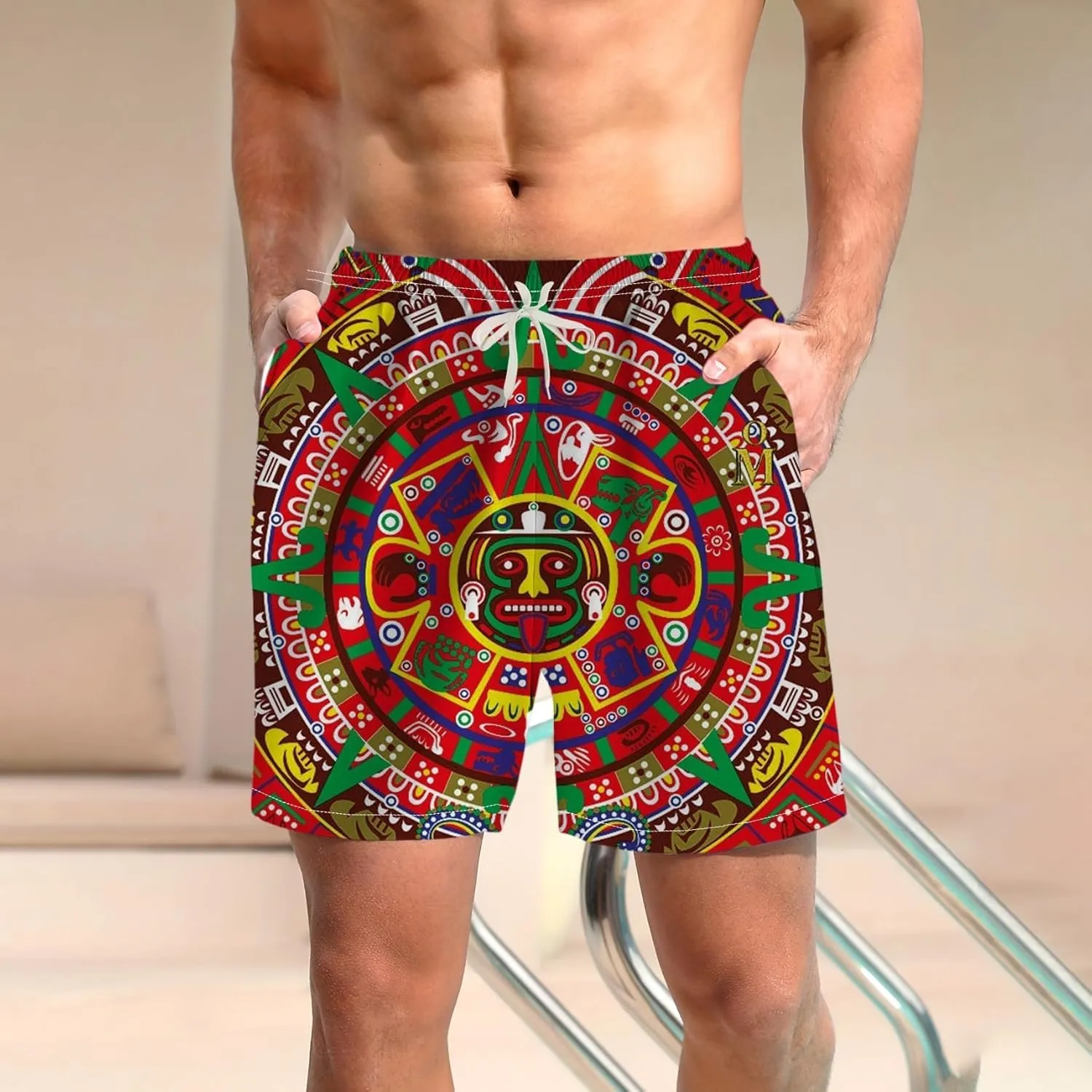 LAOLIUSN Men's Mexico Board Shorts Aztec Graphic Beach Shorts