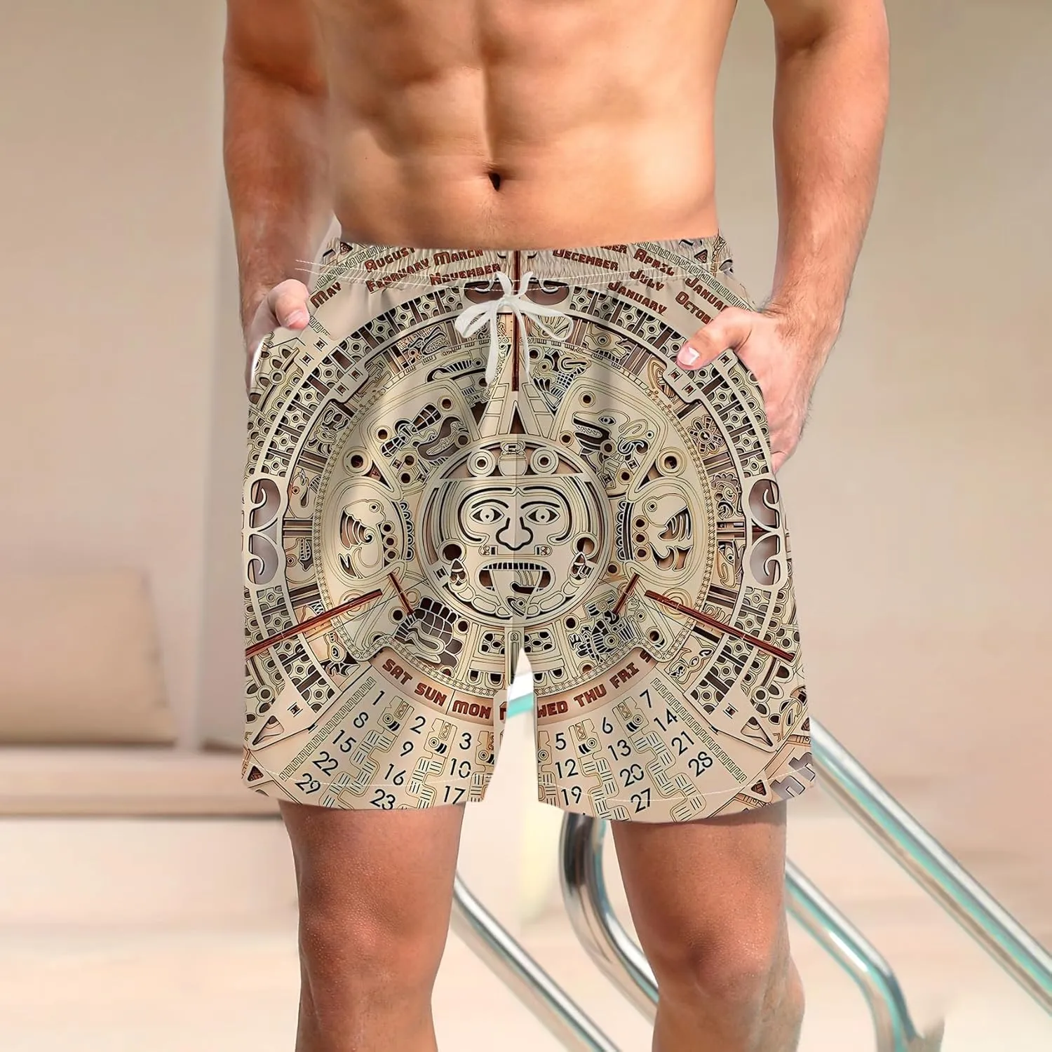 LAOLIUSN Men's Mexico Board Shorts Aztec Graphic Beach Shorts