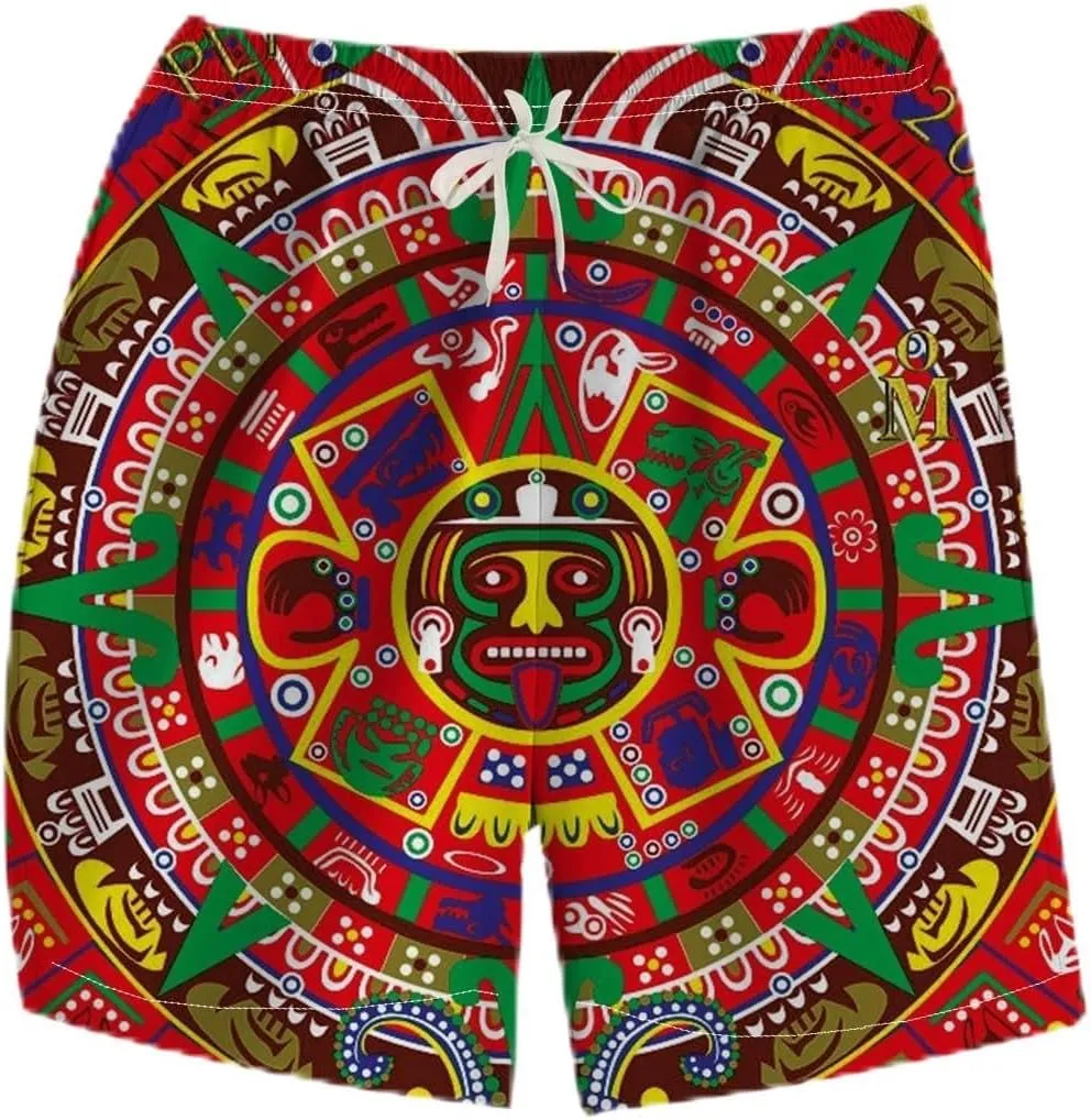 LAOLIUSN Men's Mexico Board Shorts Aztec Graphic Beach Shorts