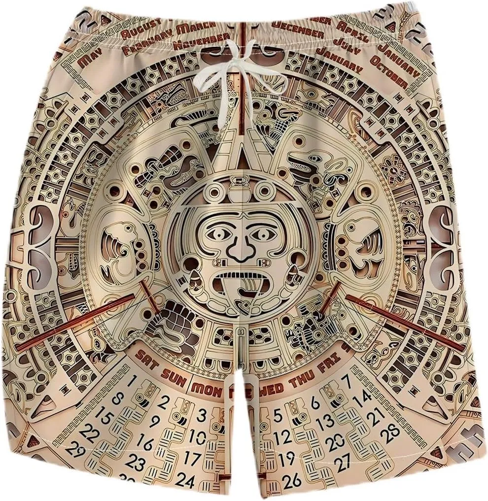 LAOLIUSN Men's Mexico Board Shorts Aztec Graphic Beach Shorts