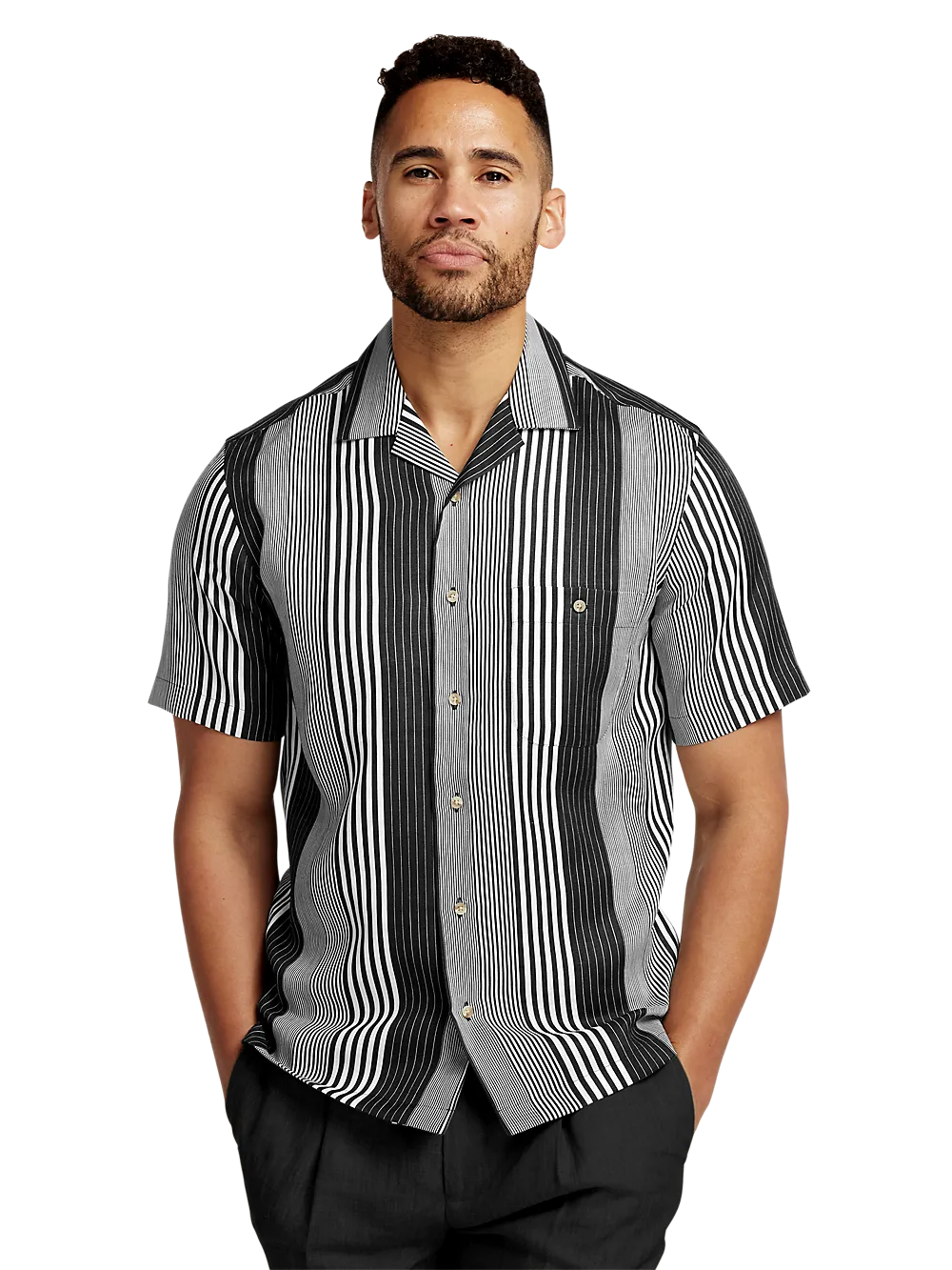 Linen Stripe Print Casual Shirt - Black/white
