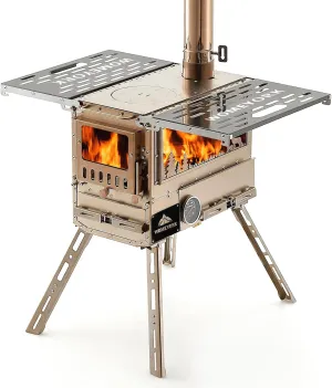 Multi-Fuel Camp Stove with Baking Oven & Steel Chimney Pipe  Portable Tent Stove for Outdoor Shelter Heating, Cooking, and Wilderness Survival(Golden)