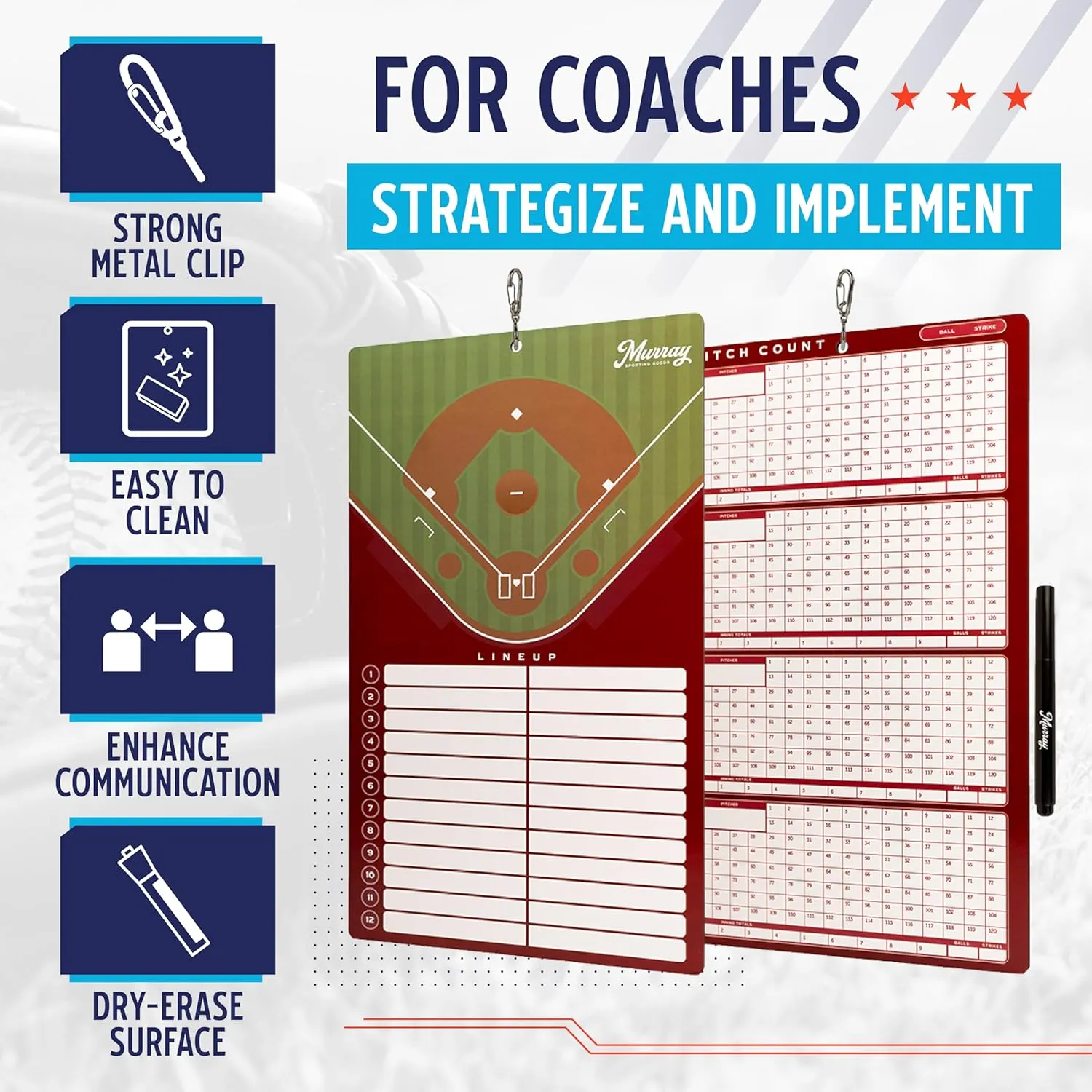 Murray Sporting Goods Baseball Team Colors Dry Erase Coaches Clipboard