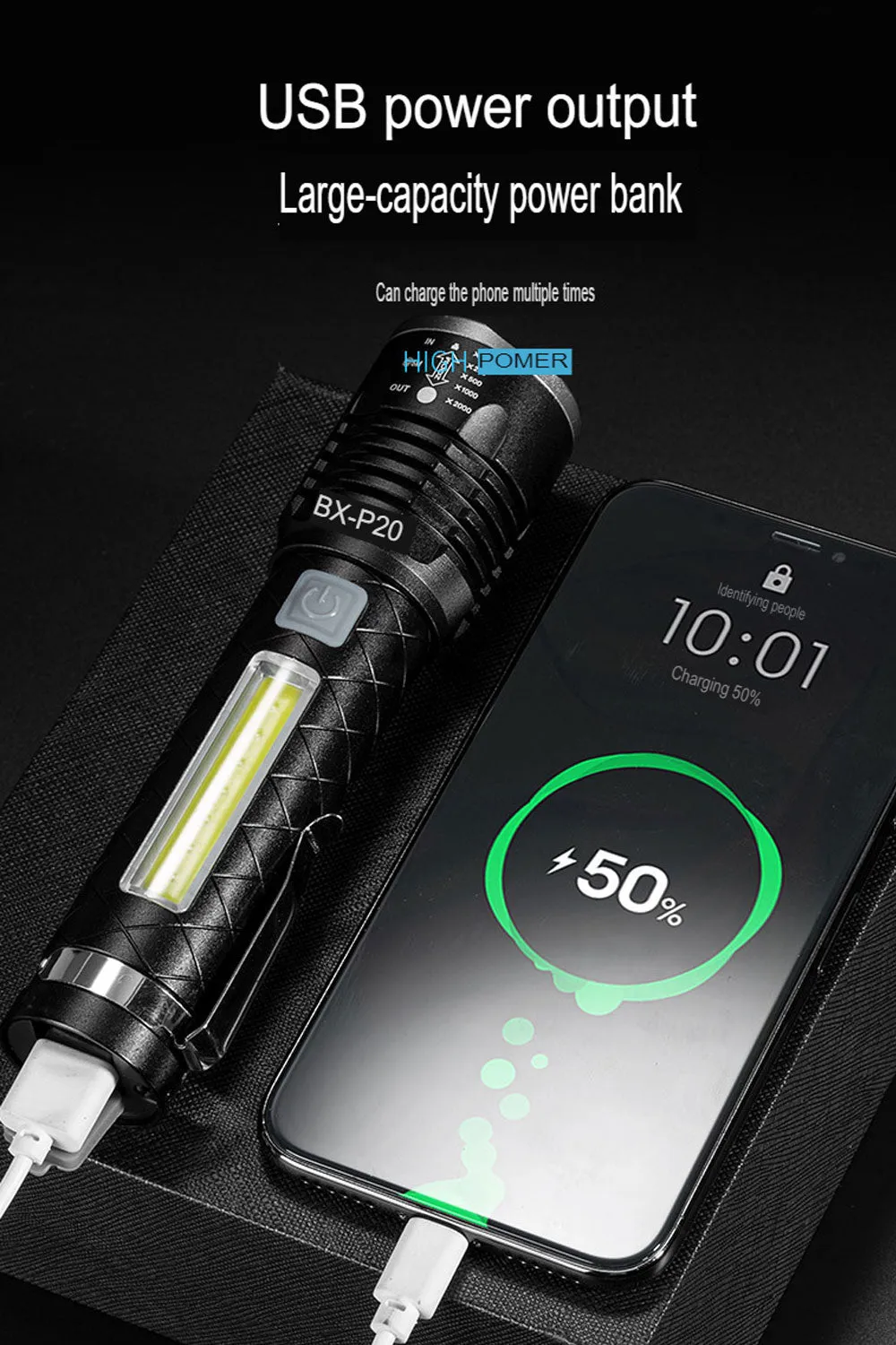 New Led Retractable Focus Flashlight Usb Rechargeable Built-In Lithium Battery Strong Light Outdoor Camping Flashlight