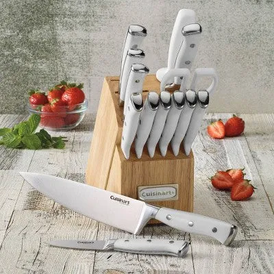 Open Box - Cuisinart 15pc Stainless Steel White Triple Rivet Cutlery Block Set