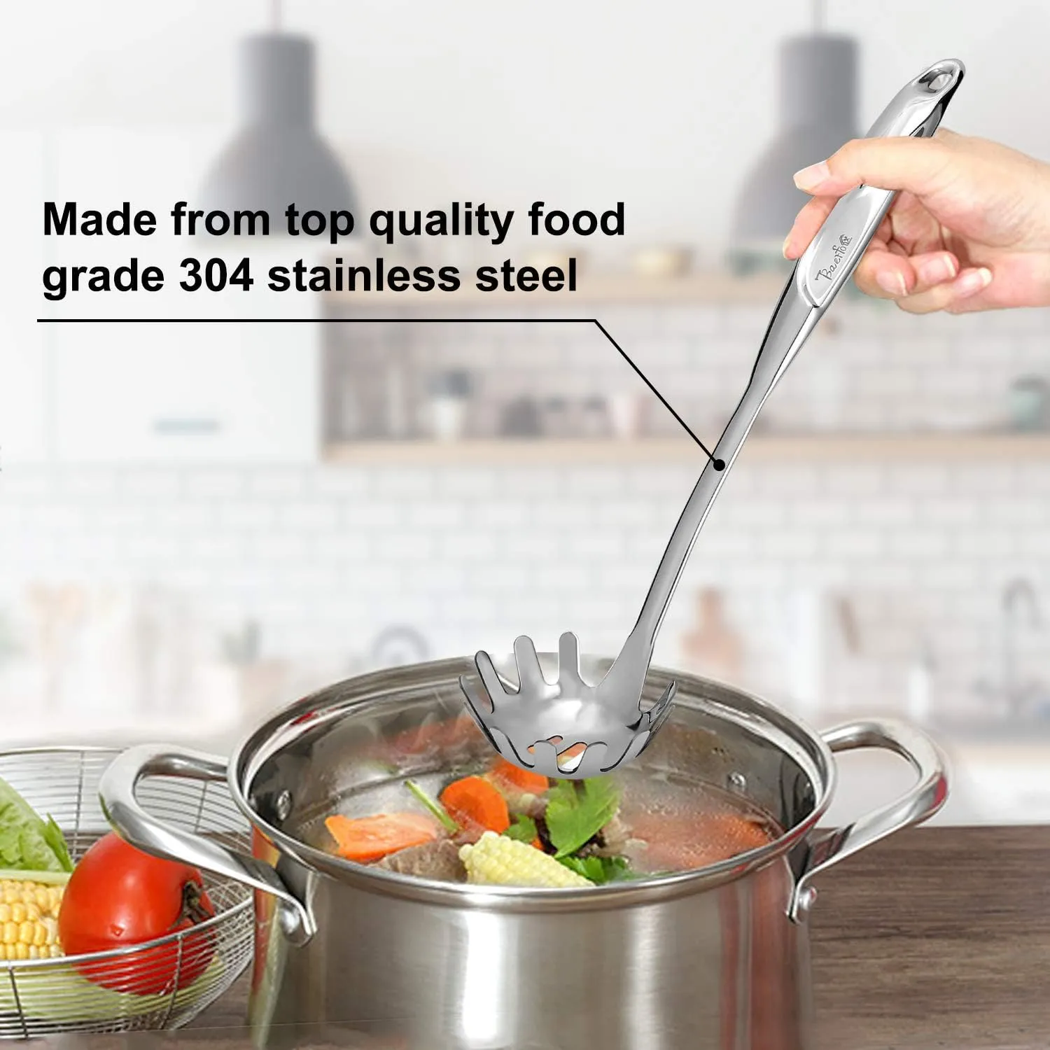 Pasta Spoon,Pasta Server with Teeth,1-Pcs Stainless Steel Spaghetti Claw,Gift Packing (Heat-proof Design of Hollow Handle)