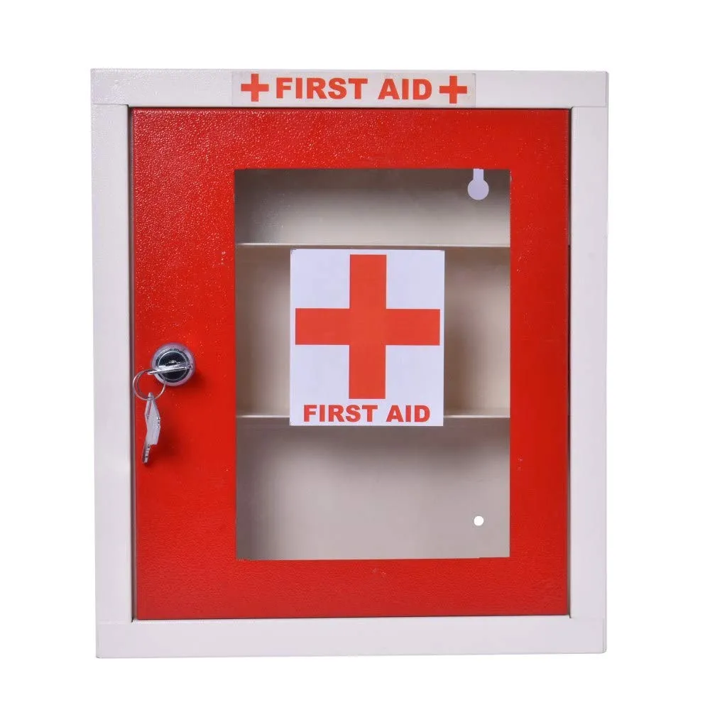 Plantex Metal First Aid Box for Home/Emergency Medical Box/Medicine Organizer Box/Multi Compartment First Aid kit Box for School, Office with Key Lock - 32.5 x 28.5 x 8 cm (Red & Ivory)