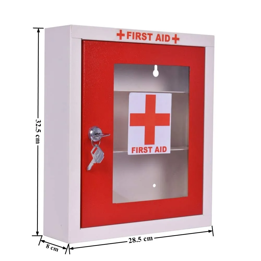 Plantex Metal First Aid Box for Home/Emergency Medical Box/Medicine Organizer Box/Multi Compartment First Aid kit Box for School, Office with Key Lock - 32.5 x 28.5 x 8 cm (Red & Ivory)
