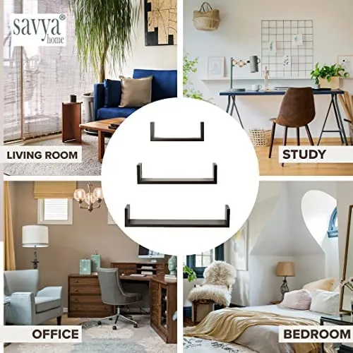 SAVYA HOME® Wooden Foldable Laptop Table with Mug Holder & U-Shaped Wooden Wall Mounted Shelves (Set of 3 - Black) Combo| Portable & Sturdy | Easy to use