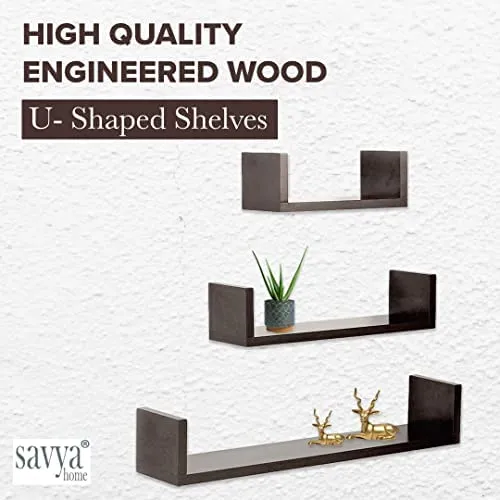 SAVYA HOME® Wooden Foldable Laptop Table with Mug Holder & U-Shaped Wooden Wall Mounted Shelves (Set of 3 - Black) Combo| Portable & Sturdy | Easy to use