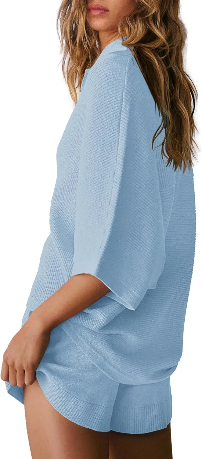SENSERISE Womens 2 Piece Outfits Summer Matching Sets Batwing Sleeve V Neck Top and Shorts Sets with Pockets