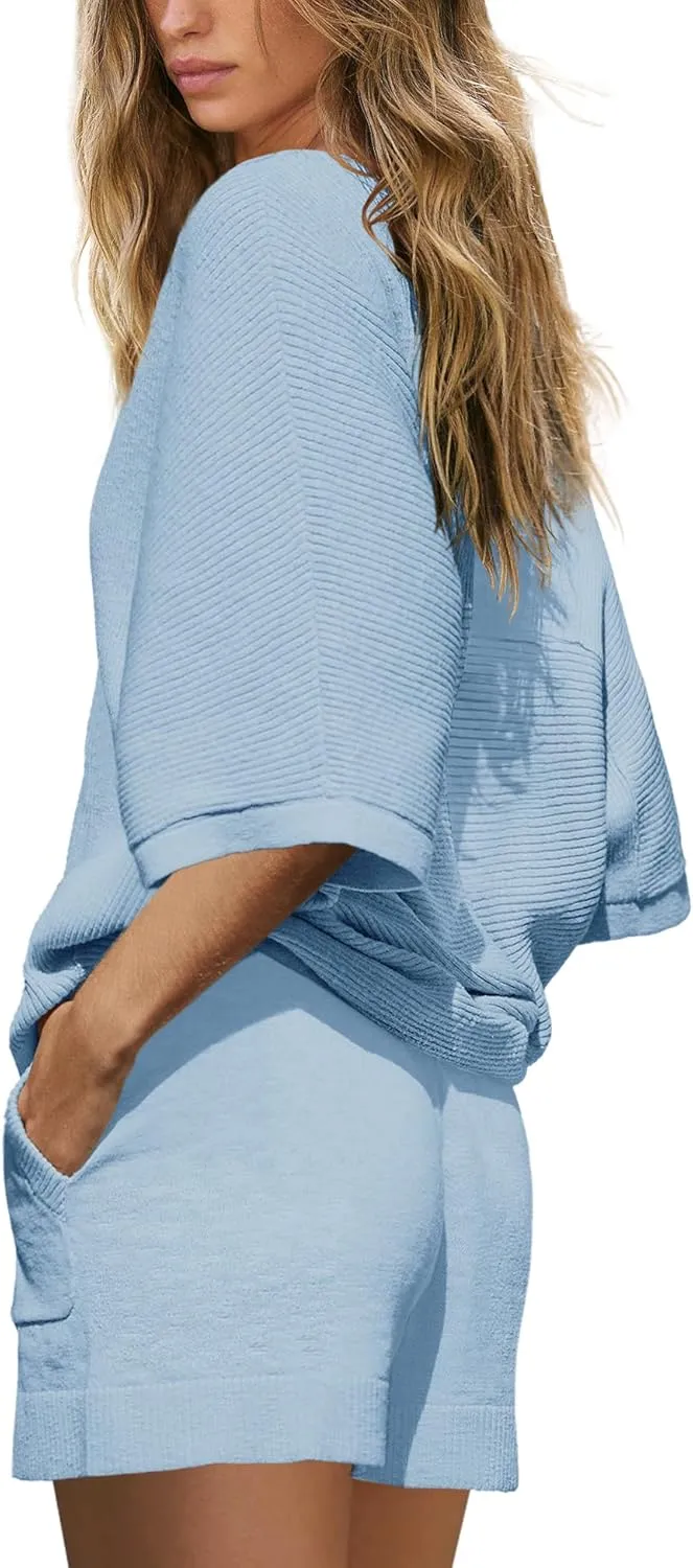 SENSERISE Womens 2 Piece Outfits Summer Matching Sets Batwing Sleeve V Neck Top and Shorts Sets with Pockets